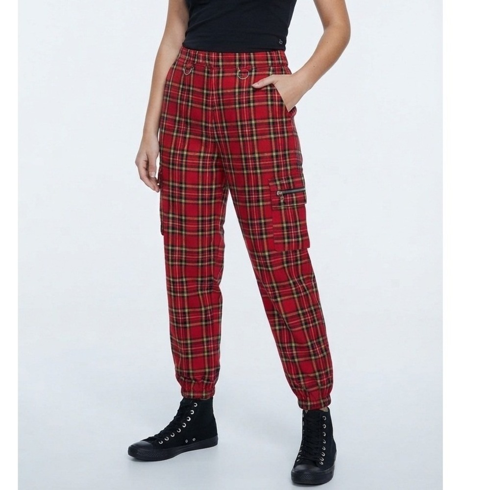 Hot Topic Plaid Cargo Joggers Red Tartan Punk D-Ring Pants - 9